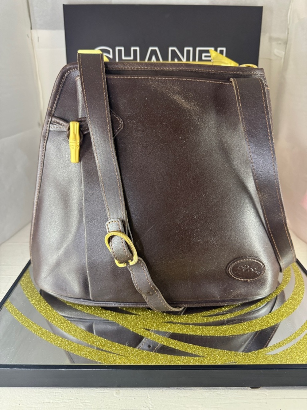 Longchamp Brown Leather Messenger Bag with Yellow Accents